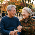 따스한 햇살 아래서 활짝 웃으며 대화하는 건강한 한국인 노부부의 모습으로, Active Senior의 긍정적인 삶과 Healthy Aging의 가치를 사실적인 Skin Texture와 85mm Portrait lens rig로 담아낸 고해상도 Realistic Photography.