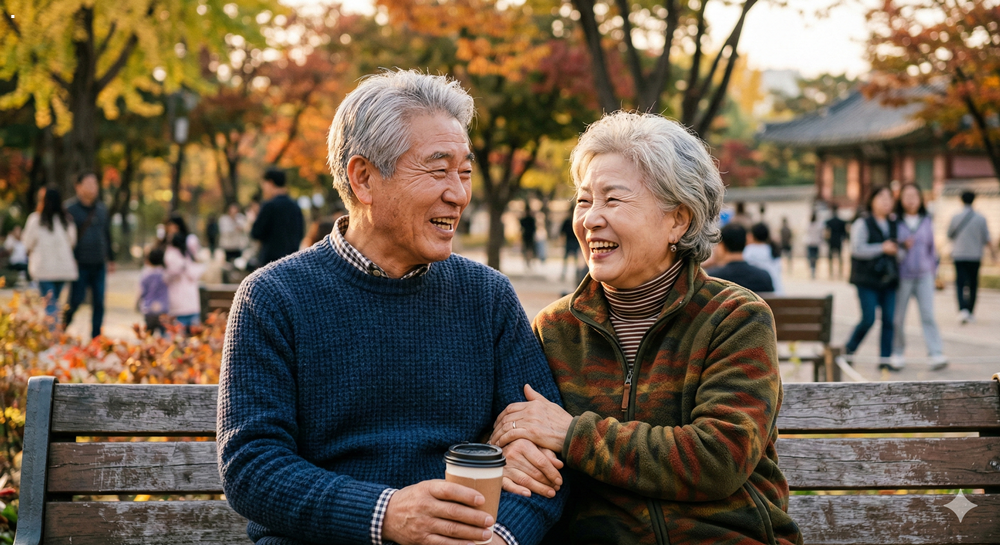 따스한 햇살 아래서 활짝 웃으며 대화하는 건강한 한국인 노부부의 모습으로, Active Senior의 긍정적인 삶과 Healthy Aging의 가치를 사실적인 Skin Texture와 85mm Portrait lens rig로 담아낸 고해상도 Realistic Photography.