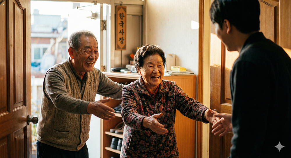 현관에서 자녀를 환하게 웃으며 맞이하는 한국인 시니어 부모의 모습. Authentic Korean senior parents expressing joy during a family reunion, featuring realistic skin textures and warm golden hour lighting.