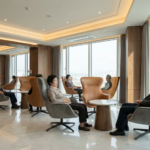 호텔처럼 깔끔하고 편안한 분위기의 프리미엄 실버타운 라운지(Luxury Senior Living Lounge) 인테리어 고해상도 실사 사진. 고급스러운 가구와 따스한 채광이 어우러진 시니어 주거 시설(Senior Housing Design)의 모범적 사례.