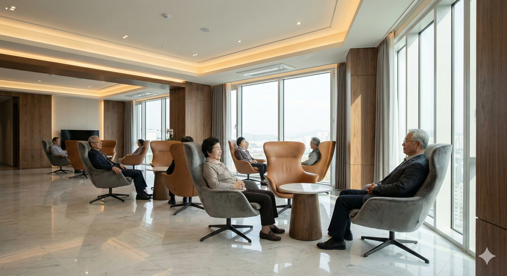 호텔처럼 깔끔하고 편안한 분위기의 프리미엄 실버타운 라운지(Luxury Senior Living Lounge) 인테리어 고해상도 실사 사진. 고급스러운 가구와 따스한 채광이 어우러진 시니어 주거 시설(Senior Housing Design)의 모범적 사례.