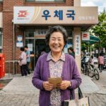 한국의 한 지역 우체국(Local Korean Post Office) 앞에서 카메라를 바라보며 환하게 웃고 있는 노년 여성의 진정성 있는 인물 사진. natural skin textures, knitwear details, and local Korean street background.