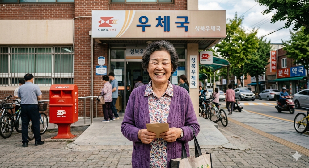 한국의 한 지역 우체국(Local Korean Post Office) 앞에서 카메라를 바라보며 환하게 웃고 있는 노년 여성의 진정성 있는 인물 사진. natural skin textures, knitwear details, and local Korean street background.