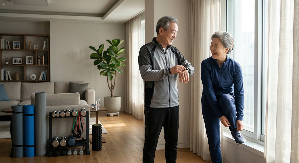 햇살이 비치는 거실에서 고기능성 Sportswear를 착용하고 Workout을 준비하며 웃고 있는 한국인 노부부의 Realistic texture가 강조된 고해상도 사진.