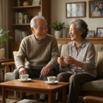 따뜻한 자연광 아래, 안락한 거실 소파에 앉아 환하게 웃으며 대화하는 한국 노부부의 모습을 담은 고해상도 현실적 텍스처 사진입니다. Elderly Korean couple in a cozy living room.