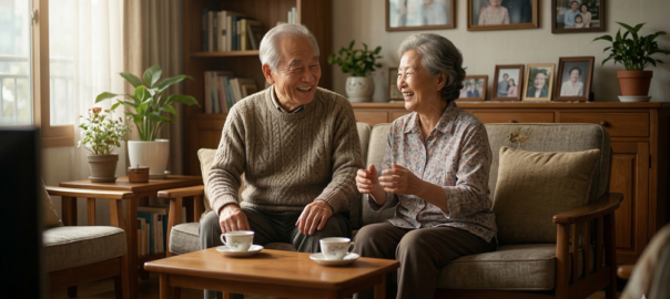 따뜻한 자연광 아래, 안락한 거실 소파에 앉아 환하게 웃으며 대화하는 한국 노부부의 모습을 담은 고해상도 현실적 텍스처 사진입니다. Elderly Korean couple in a cozy living room.