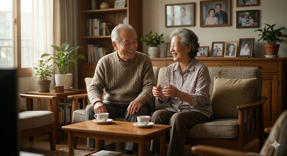 따뜻한 자연광 아래, 안락한 거실 소파에 앉아 환하게 웃으며 대화하는 한국 노부부의 모습을 담은 고해상도 현실적 텍스처 사진입니다. Elderly Korean couple in a cozy living room.