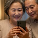 따뜻한 거실에서 스마트폰(Smartphone)의 보안 기능과 안전한 사용법(Safe Usage)을 익히며 미소 짓는 한국인 노부부의 모습. 현실적인 피부 질감(SSS)과 광학적 디테일(Optical Rig)이 강조된 Digital Literacy 교육용 고해상도 이미지.