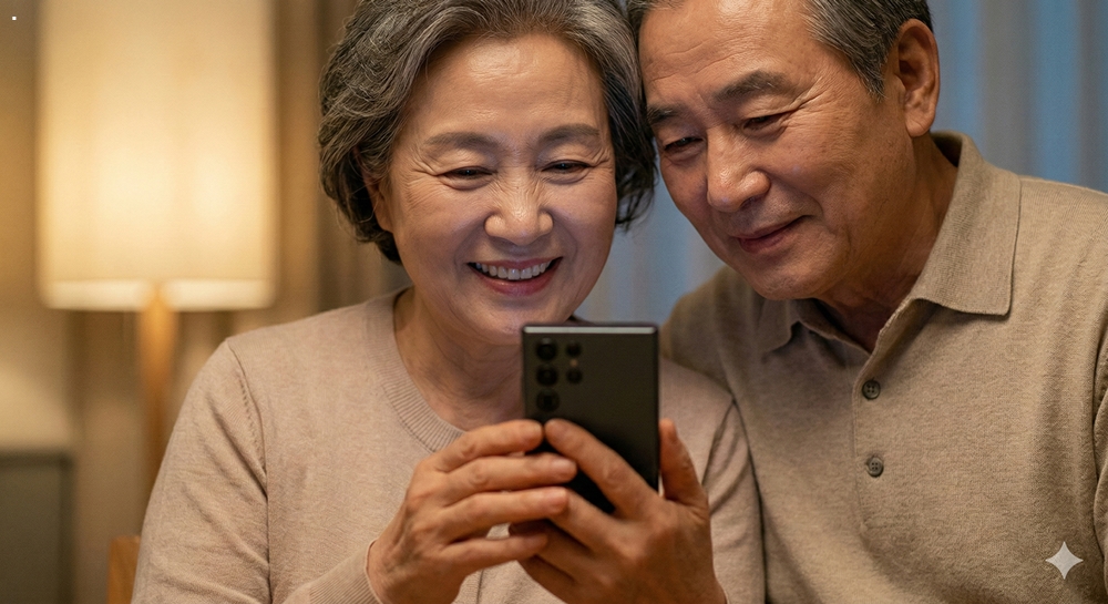 따뜻한 거실에서 스마트폰(Smartphone)의 보안 기능과 안전한 사용법(Safe Usage)을 익히며 미소 짓는 한국인 노부부의 모습. 현실적인 피부 질감(SSS)과 광학적 디테일(Optical Rig)이 강조된 Digital Literacy 교육용 고해상도 이미지.