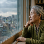 창밖을 바라보며 깊은 생각에 잠긴 고요한 인상의 한국 할머니의 natural light portrait (window reflection, contemplative gaze). 서울의 아파트 창문 너머로 보이는 풍경과 실내 조명의 대조.