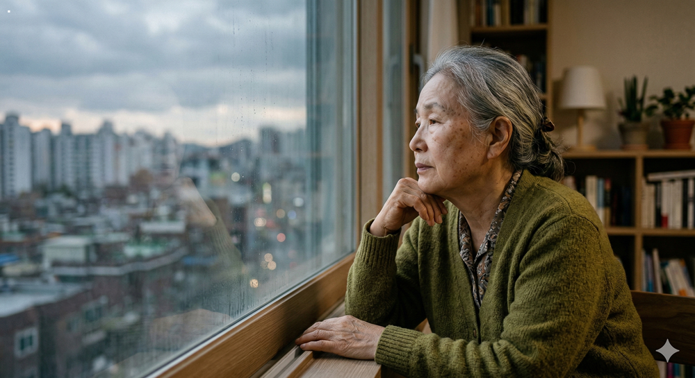 창밖을 바라보며 깊은 생각에 잠긴 고요한 인상의 한국 할머니의 natural light portrait (window reflection, contemplative gaze). 서울의 아파트 창문 너머로 보이는 풍경과 실내 조명의 대조.