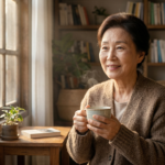 따뜻한 햇살이 드는 창가에 앉아 도자기 찻잔(ceramic tea cup)을 들고 미소 짓는 70대 한국인 노인(happy Korean senior)의 현실적인 인물 사진(realistic photo), 안면부의 세밀한 피부 질감(SSS)과 니트 가디건의 질감이 강조된 고화질 이미지.