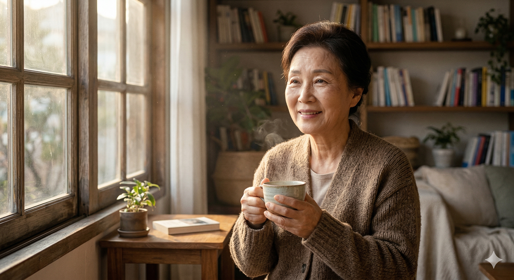 따뜻한 햇살이 드는 창가에 앉아 도자기 찻잔(ceramic tea cup)을 들고 미소 짓는 70대 한국인 노인(happy Korean senior)의 현실적인 인물 사진(realistic photo), 안면부의 세밀한 피부 질감(SSS)과 니트 가디건의 질감이 강조된 고화질 이미지.