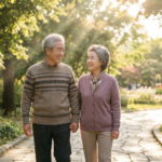 노을이 지는 오후, 햇살이 가득한 공원을 다정하게 걷고 있는 70대 한국인 노부부의 모습. 그들은 서로를 바라보며 밝게 웃고 있다. (A candid photograph of a happy Korean elderly couple in their 70s walking in a beautiful sunlit park during late afternoon Golden Hour, smiling brightly at each other.)