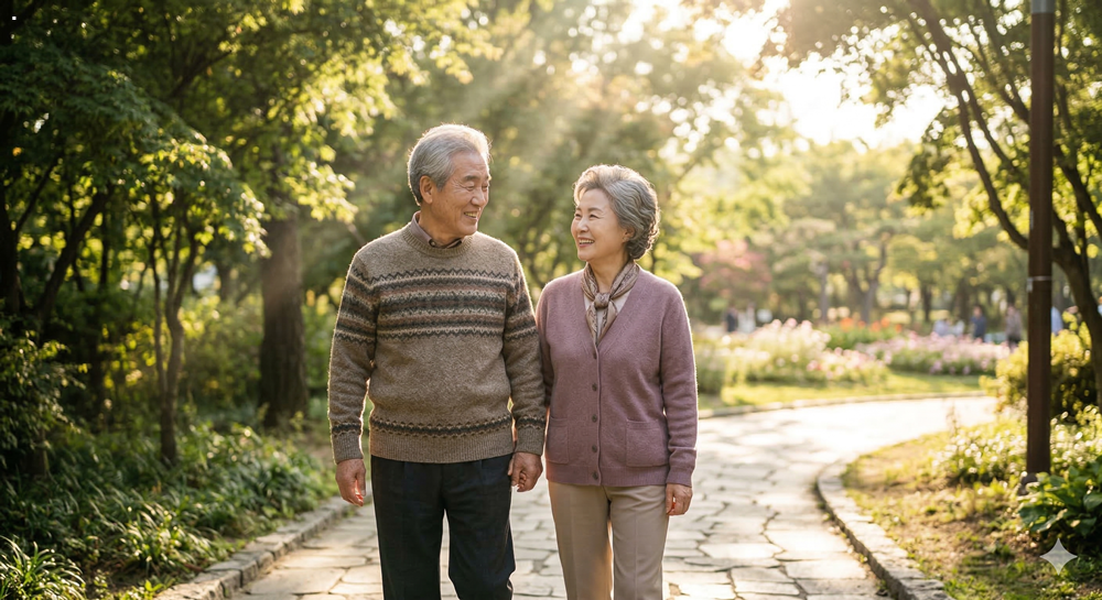 노을이 지는 오후, 햇살이 가득한 공원을 다정하게 걷고 있는 70대 한국인 노부부의 모습. 그들은 서로를 바라보며 밝게 웃고 있다. (A candid photograph of a happy Korean elderly couple in their 70s walking in a beautiful sunlit park during late afternoon Golden Hour, smiling brightly at each other.)