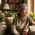 창밖의 따뜻한 오후 햇살을 받으며 깊은 생각에 잠겨 걱정스러운 표정을 짓는 현명한 한국인 노인의 사실적인 8k 초상화 사진 (A realistic 8k portrait photograph of a wise Korean elderly woman with a thoughtful and concerned expression, sitting by a window with warm afternoon light, shot on Leica M11, showing natural skin texture and a cozy living room background).