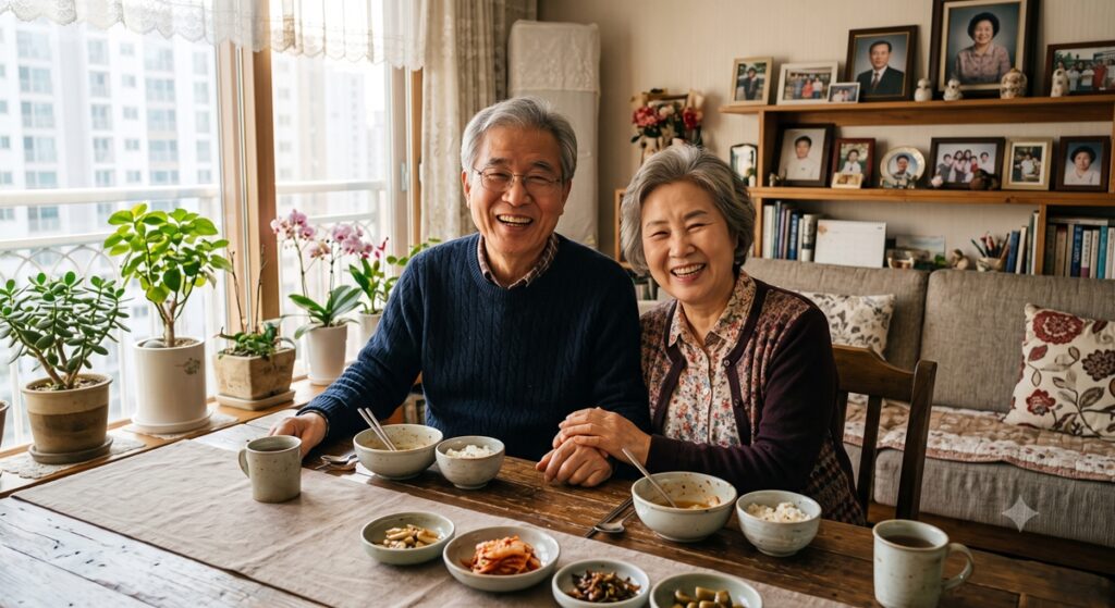 기초연금 자격요건 확인 후 식사하며 웃는 한국 시니어 부부 (Korean Elderly Couple)