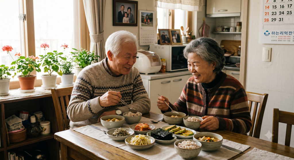 무릎 관절염에 좋은 건강한 식단을 즐기는 한국 노부부 (Elderly Korean couple enjoying a healthy meal for knee osteoarthritis)