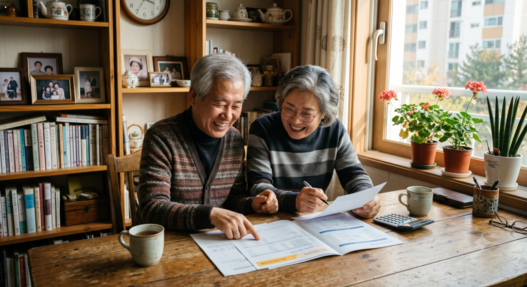 노령연금 감액 조건 확인하는 한국 시니어 부부 Korean senior couple checking pension documents