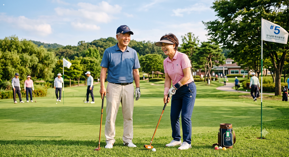 파크골프 준비물을 갖추고 잔디 구장에서 웃고 있는 시니어 부부 (Korean elderly couple smiling on park golf course with supplies)