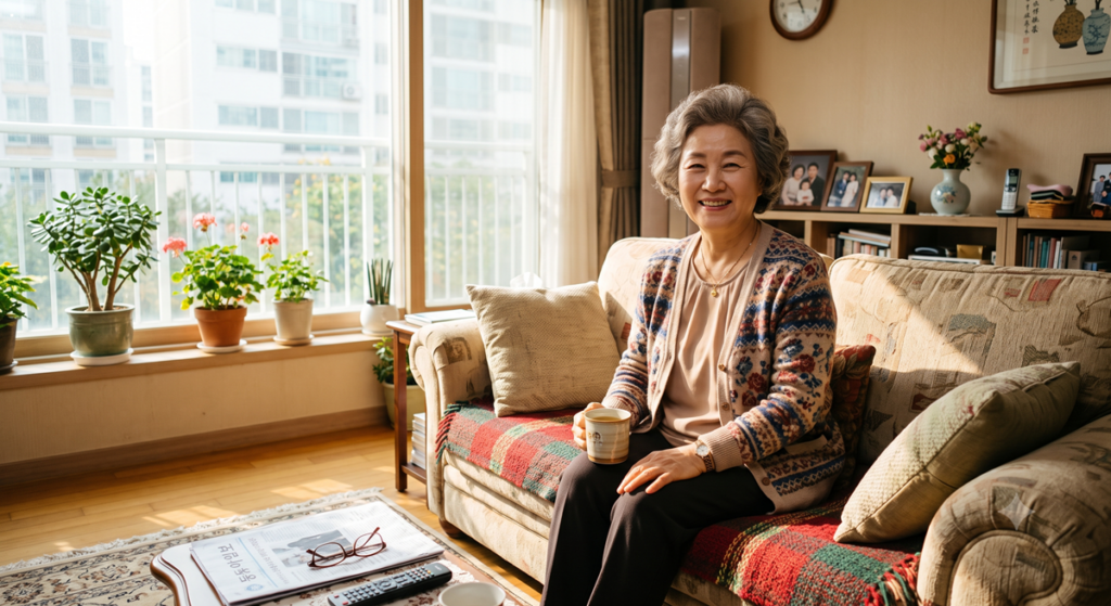 60대 불면증 원인을 이해하고 거실 소파에서 따뜻한 차를 마시며 미소 짓는 한국인 시니어 여성