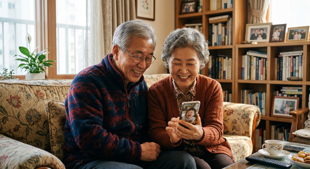 어르신 요금 감면 혜택을 확인하며 스마트폰을 보는 노부부 (Elderly couple checking senior fee reduction benefits on a smartphone)