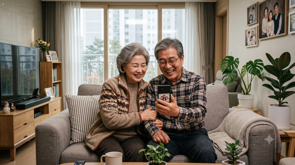 휴대폰 계좌이체 방법을 함께 배우며 환하게 웃는 한국 시니어 부부 Korean senior couple using smartphone together