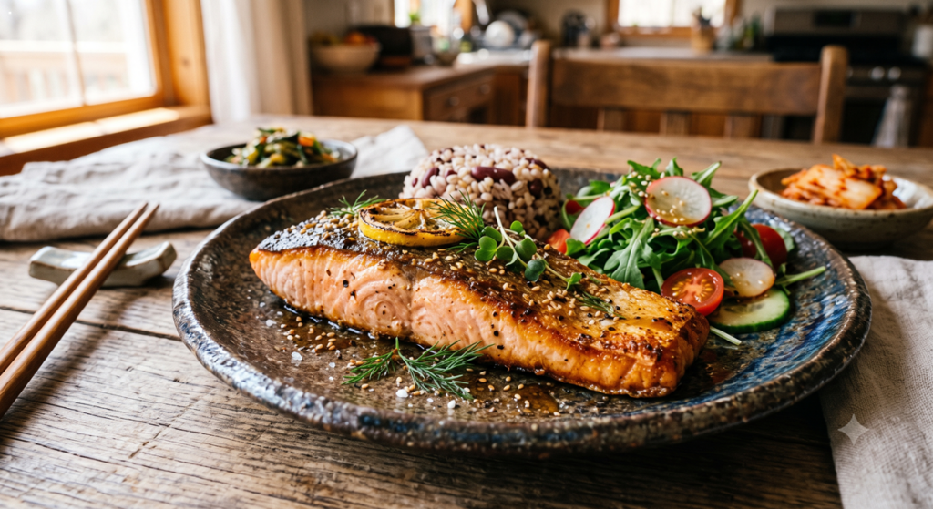 오메가3가 풍부하여 무릎 관절염 염증 완화에 좋은 연어 구이 요리 (Grilled salmon dish rich in Omega-3, excellent for reducing knee osteoarthritis inflammation)