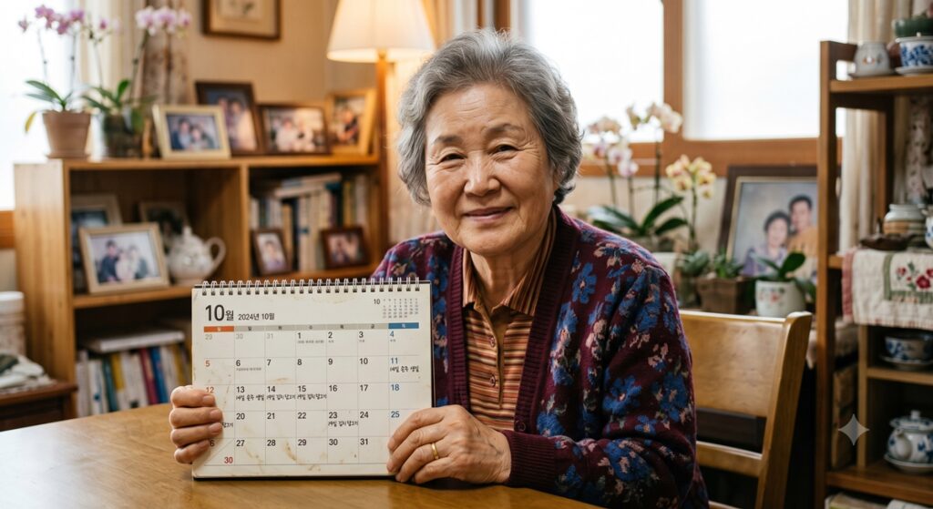 기초연금 자격요건 신청 나이를 확인하기 위해 달력을 들고 있는 어르신 (Senior Woman with Calendar)