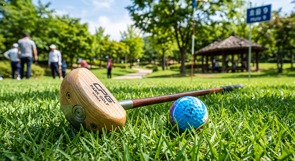 파크골프 준비물 필수품인 전용 우드 클럽과 알록달록한 파크골프 공 (Dedicated park golf wooden club and colorful ball on grass)