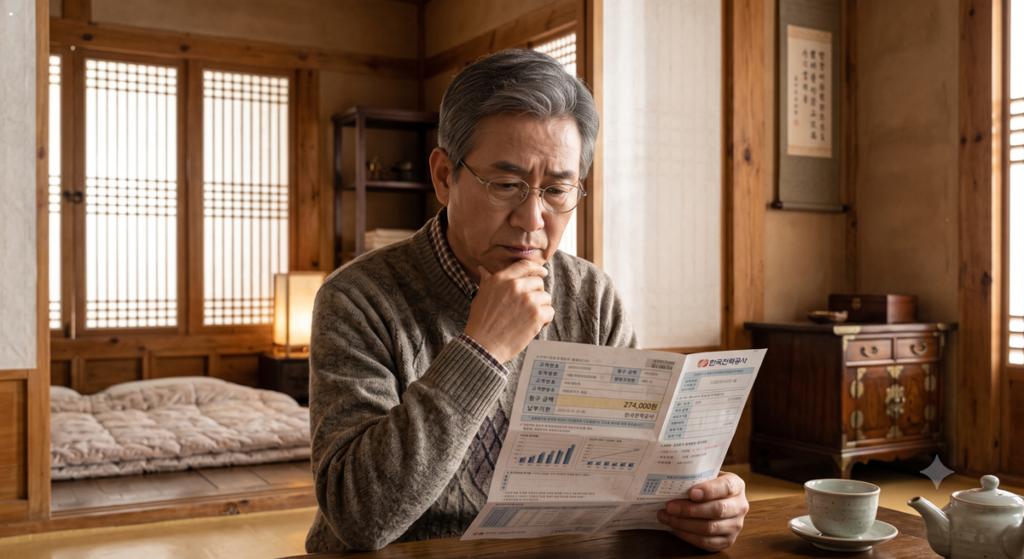 통신비 고지서를 보며 생활비를 걱정하는 어르신 (Elderly man worrying about living expenses while looking at a telecom bill)