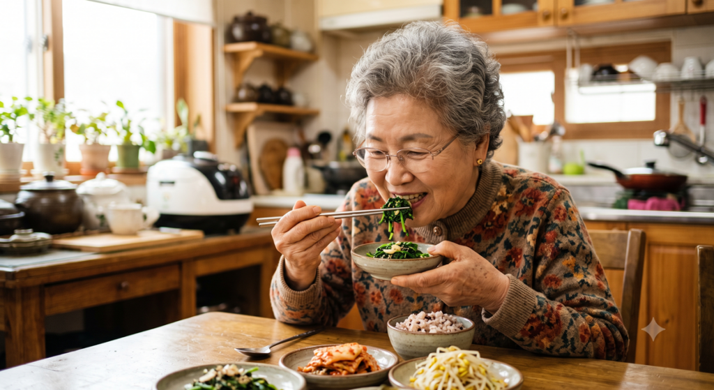 당뇨 식사 순서 1단계인 시금치 나물 채소를 먼저 먹는 어르신 Senior Korean woman eating vegetables first