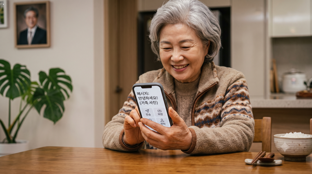 큰 글씨 모드로 휴대폰 계좌이체 화면을 편하게 보는 시니어 여성 Senior woman using large text mode on smartphone