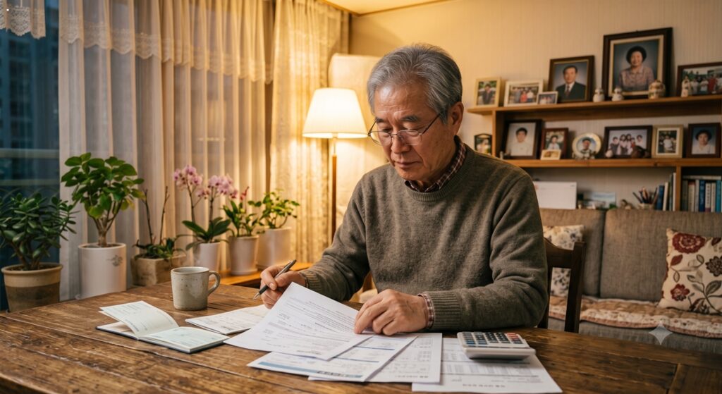 기초연금 자격요건 소득인정액 계산 및 재산 산정을 확인하는 어르신 (Senior Man Financial Assessment)