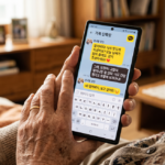 큰 글씨로 설정된 카카오톡 대화방 화면을 들고 있는 어르신의 손 (KakaoTalk chat window with large text on a senior's phone)