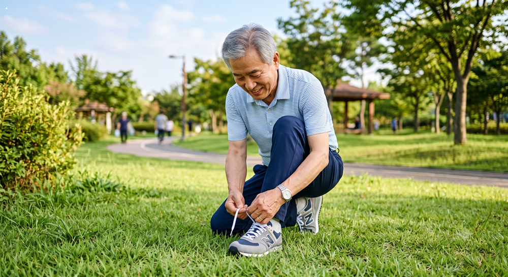 안전한 파크골프 준비물을 위해 편안한 운동화 끈을 묶는 시니어 남성 (Senior Korean man tying comfortable shoe laces for safe play)