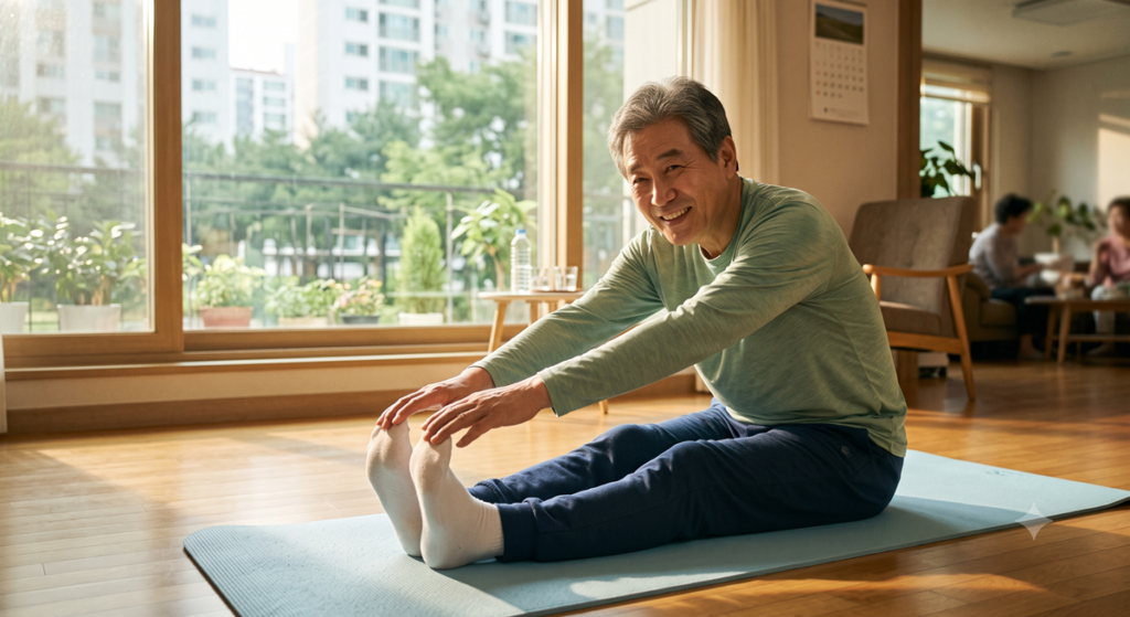 60대 불면증 원인 완화를 위해 거실 매트 위에서 가볍게 다리 스트레칭을 하는 한국인 시니어 남성