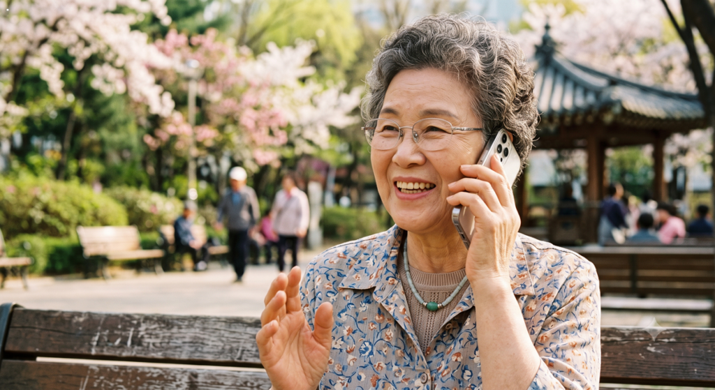 통신비 할인 어르신 요금 감면 혜택으로 공원에서 즐겁게 통화하는 할머니 (Elderly woman happily talking on the phone in a park, enjoying the telecom discount)