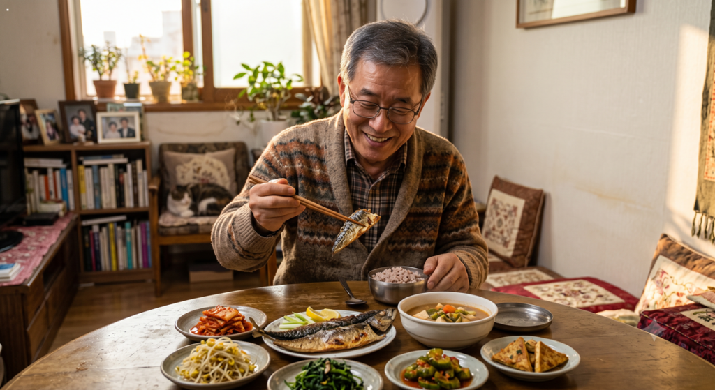 당뇨 식사 순서 2단계 단백질 고등어 구이를 드시는 시니어 Senior Korean man eating grilled fish protein