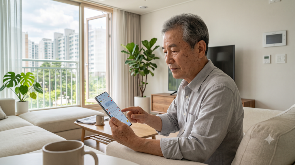 거실에서 신중하게 휴대폰 계좌이체 한도를 설정하는 시니어 남성 Senior man carefully checking smartphone transfer settings