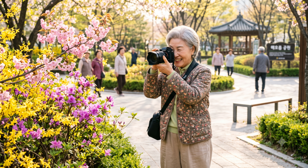 시니어 혼자 보내는 시간 즐거운 사진 촬영 취미 Senior woman taking flower photos