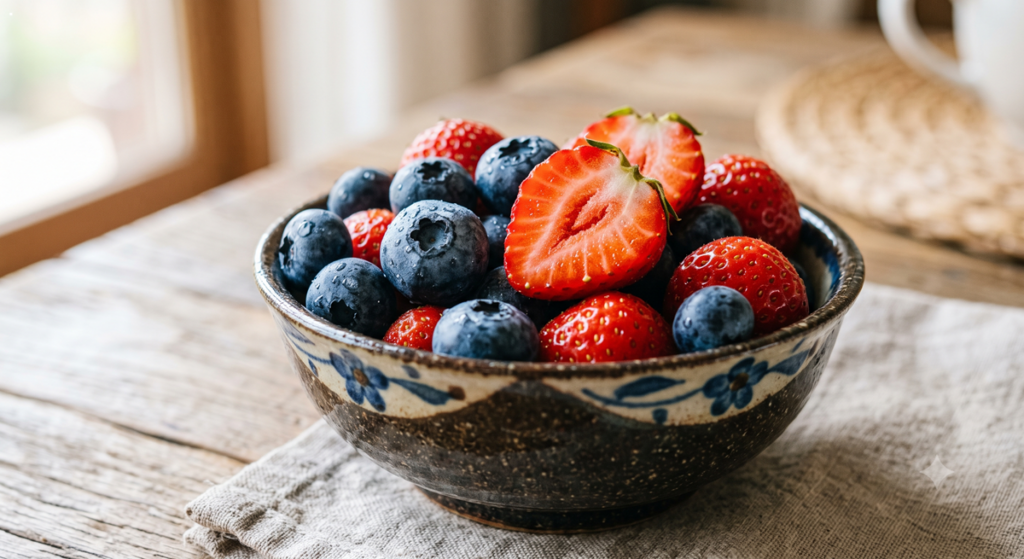 항산화 성분이 가득해 무릎 통증 완화에 도움을 주는 베리류 과일 블루베리와 딸기 (Blueberries and strawberries packed with antioxidants to help relieve knee pain)