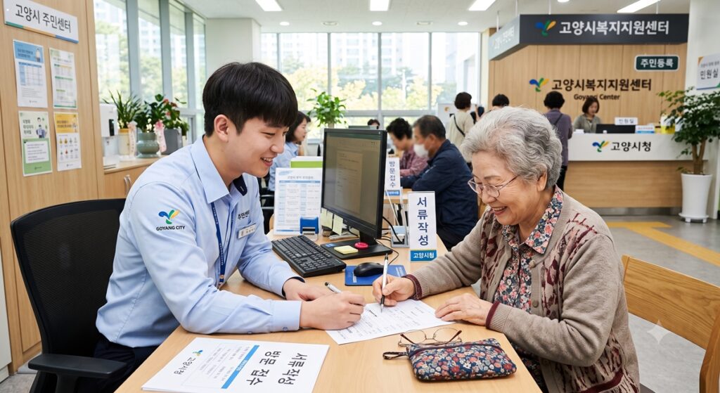 주민센터에서 기초연금 자격요건 상담 및 서류 작성을 도와주는 복지 담당자 (Community Center Consultation)