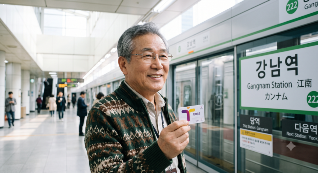 강남역에서 어르신 요금 감면 우대용 교통카드를 들고 환하게 웃는 할아버지 (Elderly man smiling brightly holding a transportation card for senior fee reduction at Gangnam Station)