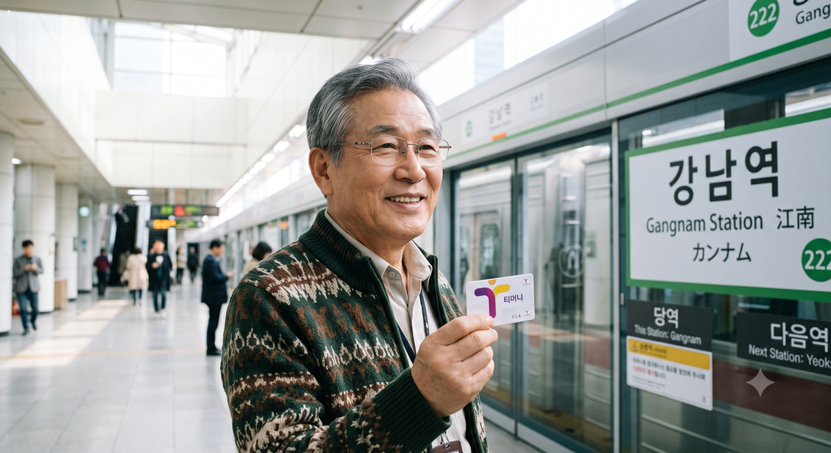 강남역에서 어르신 요금 감면 우대용 교통카드를 들고 환하게 웃는 할아버지 (Elderly man smiling brightly holding a transportation card for senior fee reduction at Gangnam Station)