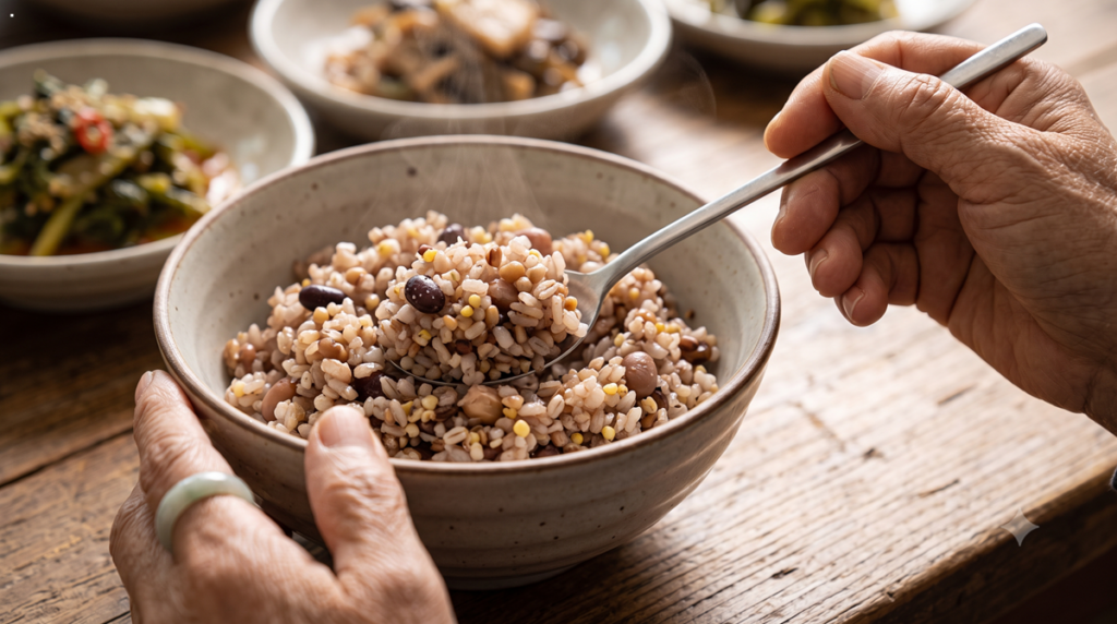 당뇨 식사 순서 마지막 단계에 먹는 잡곡밥 spoonful of Korean multigrain brown rice