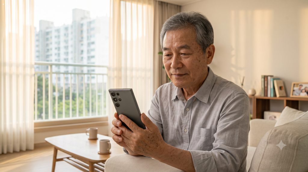 휴대폰 계좌이체 보이스피싱 예방 설정을 확인하는 어르신 Senior Korean man holding smartphone securely to check security settings