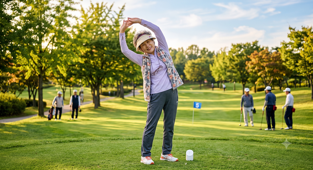 파크골프 준비물 점검 후 라운딩 전 준비운동을 하는 시니어 여성 (Senior Korean woman stretching before playing park golf)