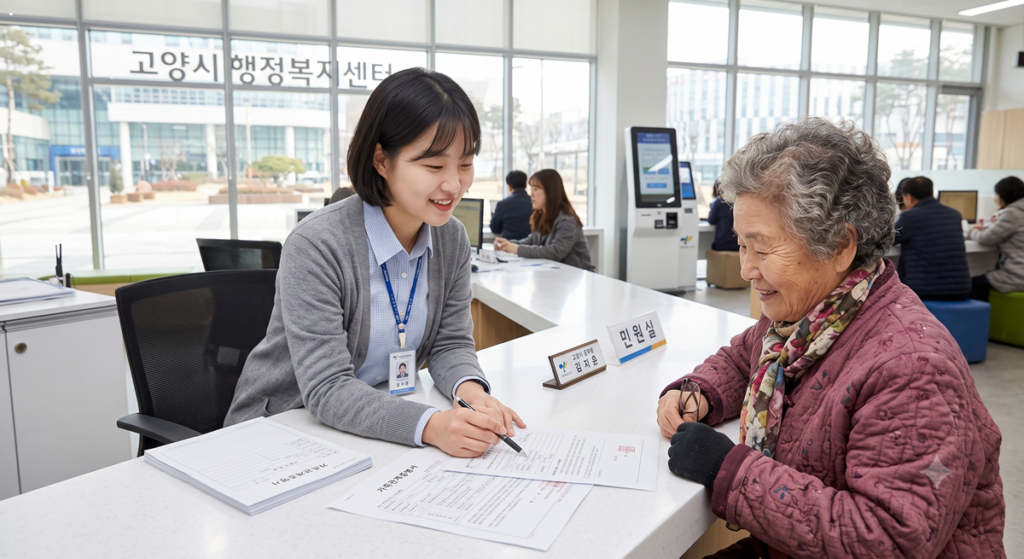 행정복지센터에서 친절한 공무원의 안내를 받으며 어르신 요금 감면을 신청하는 할머니 (Elderly woman applying for senior fee reductions with the help of a kind public servant at a community center)
