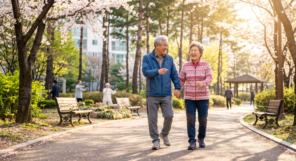 당뇨 식사 순서 실천 후 봄날 산책하는 시니어 부부 Senior Korean couple walking outdoors after meal